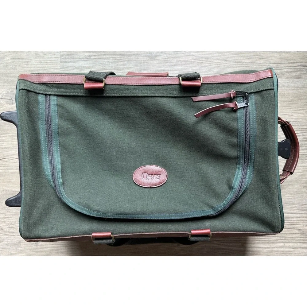 Orvis Vintage Green Canvas & Leather Wheeled Carry-On Duffel Bag 19x13x8